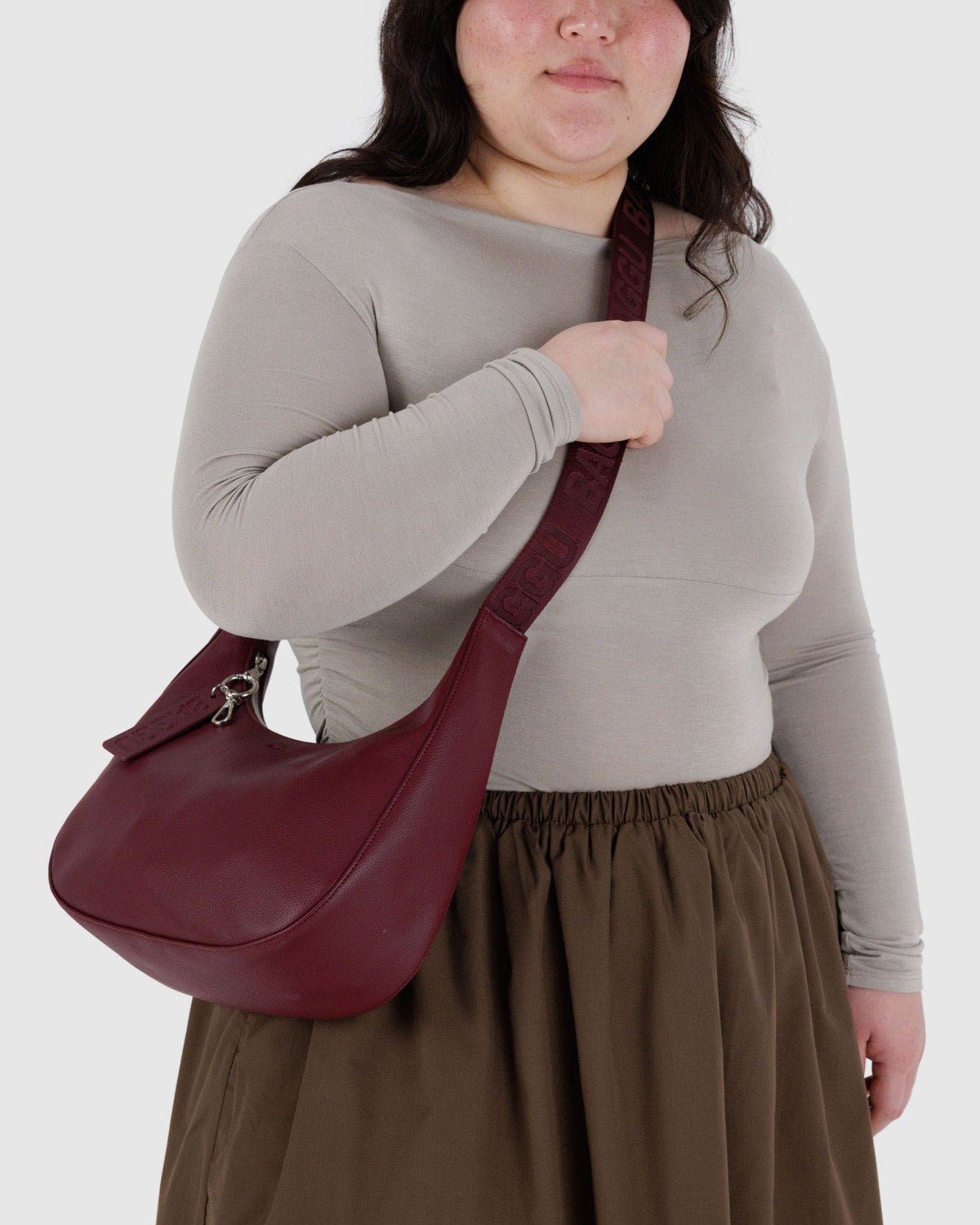 Medium Recycled Leather Crescent Bag Mahogany | Baggu Featured