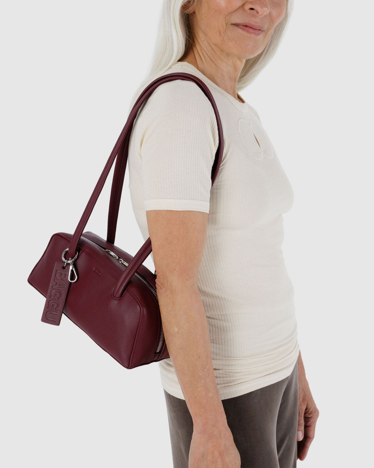 Small Recycled Leather Bowler Bag Mahogany | Baggu Signature