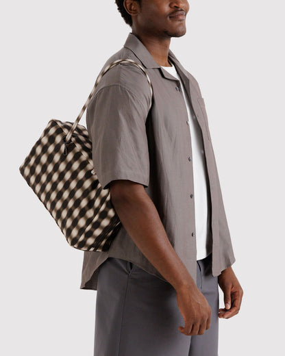 Medium Nylon Bowler Bag Blurred Gingham Brown | Baggu Exclusive