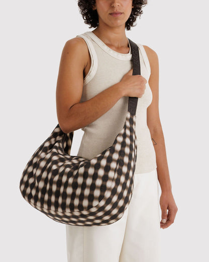 Large Nylon Crescent Bag Blurred Gingham Brown | Baggu Sale