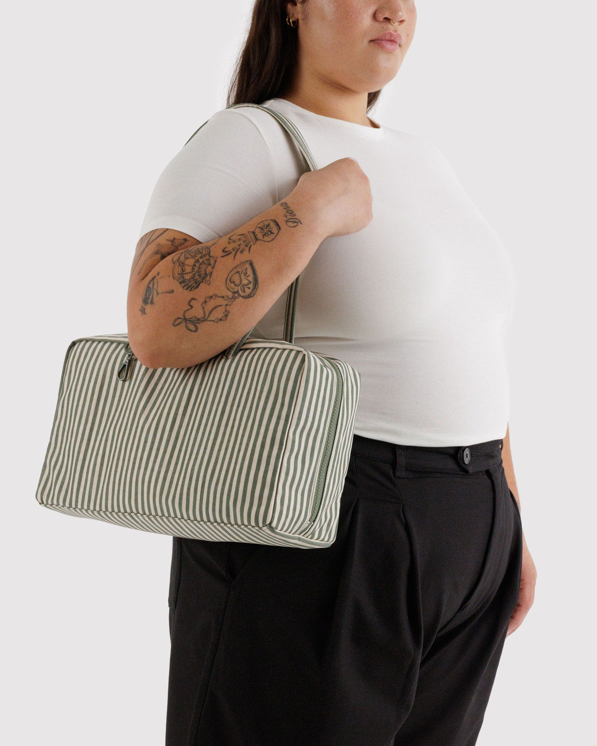 Medium Nylon Bowler Bag Sage Stripe | Baggu Everyday