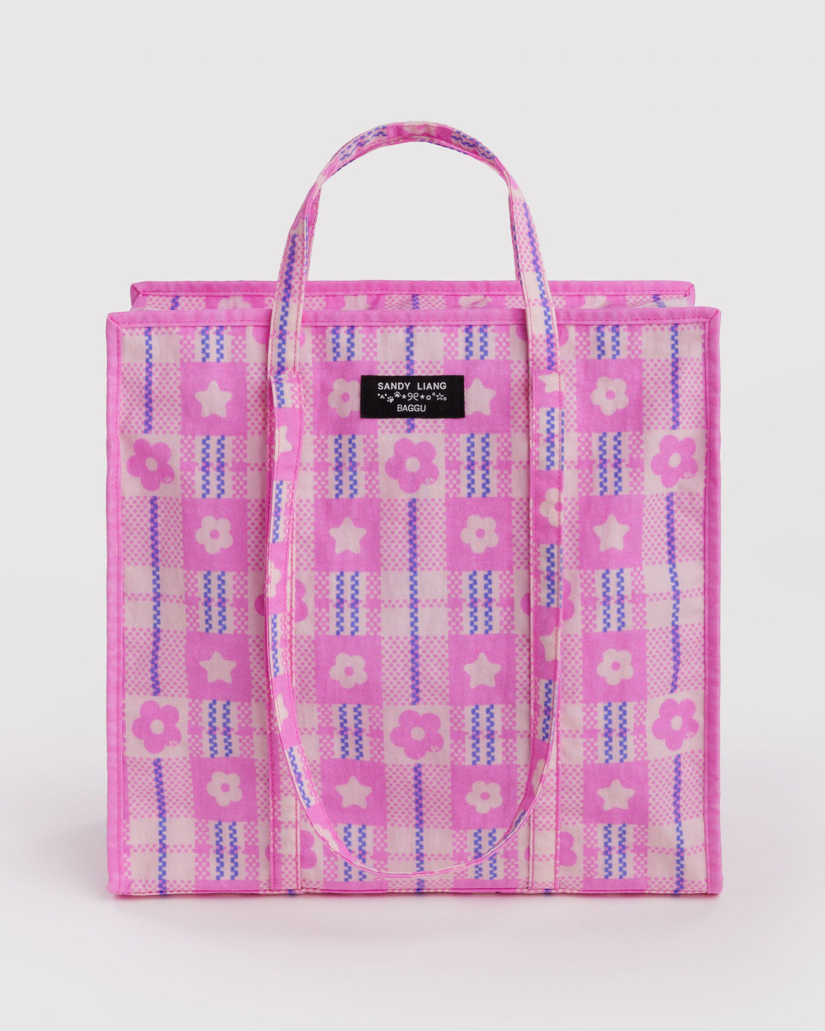 Large Nylon Market Bag Market Plaid Pink | Baggu Sale