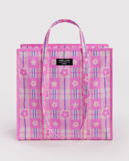 Large Nylon Market Bag Market Plaid Pink | Baggu Sale