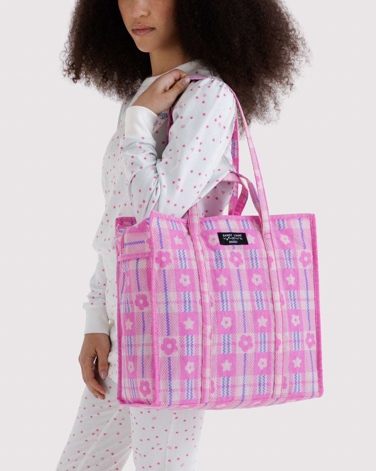Large Nylon Market Bag Market Plaid Pink | Baggu Sale