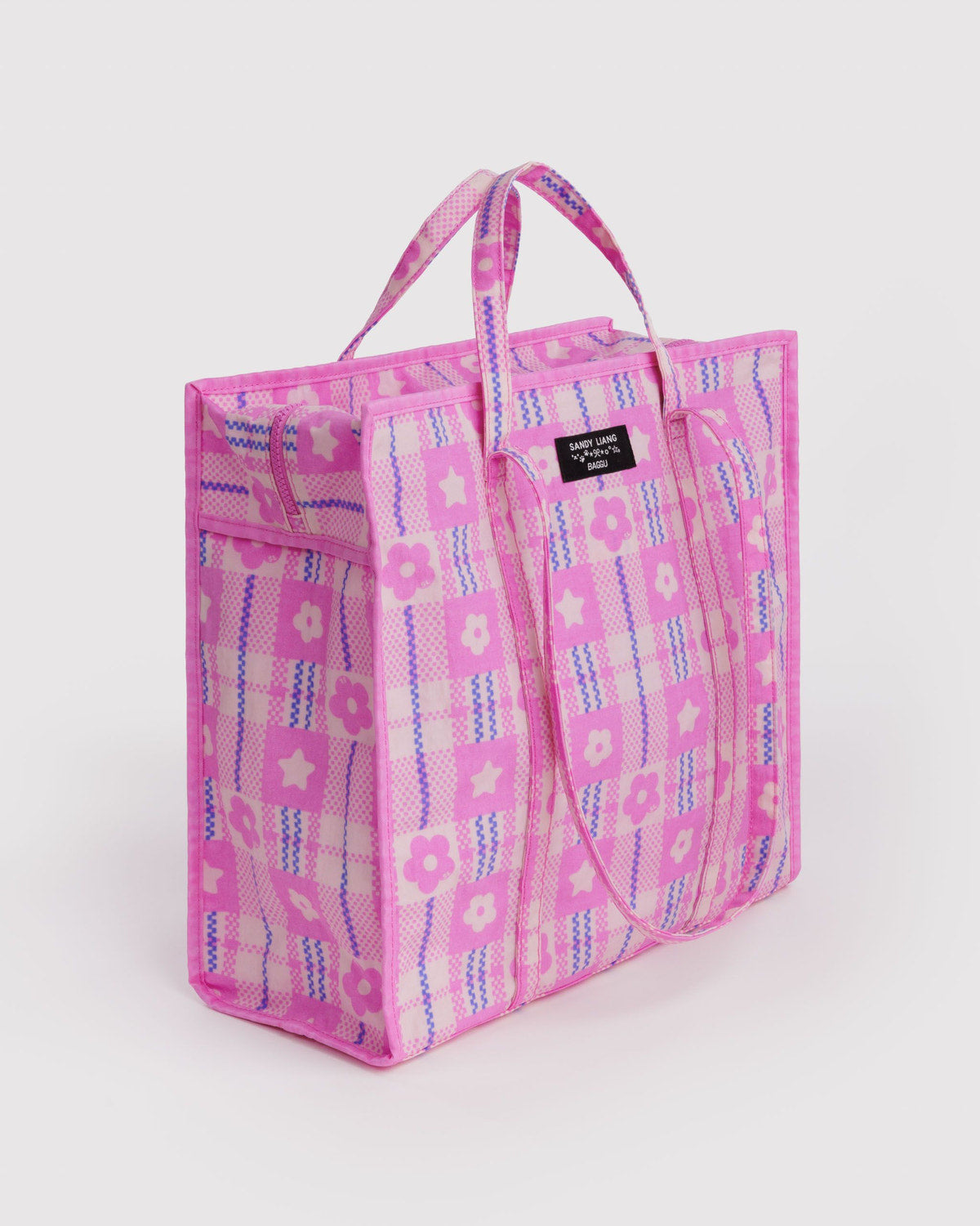 Large Nylon Market Bag Market Plaid Pink | Baggu Sale