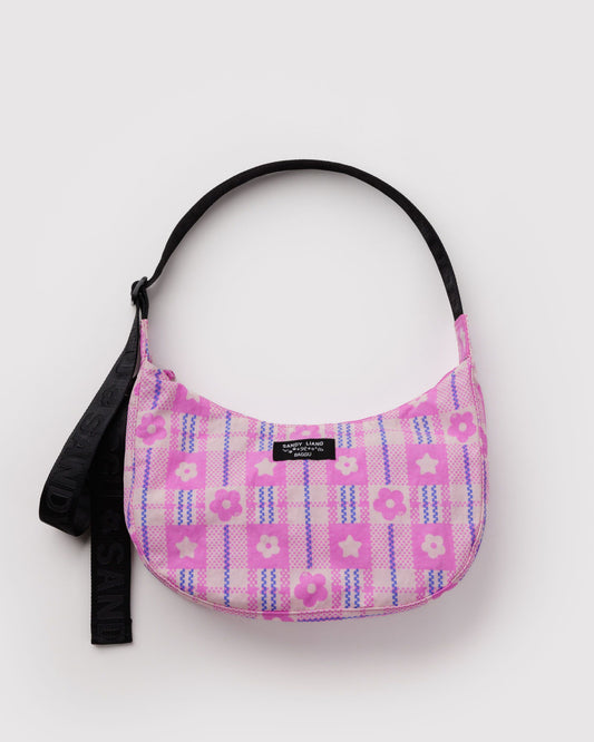 Medium Nylon Crescent Bag Market Plaid Pink | Baggu Premium